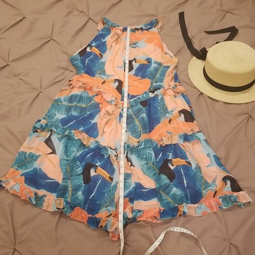 FARM Rio Brazil Orange Peach Blue Beaded Tassel Toucan Mini Dress Tropical, M - Picture 14 of 14
